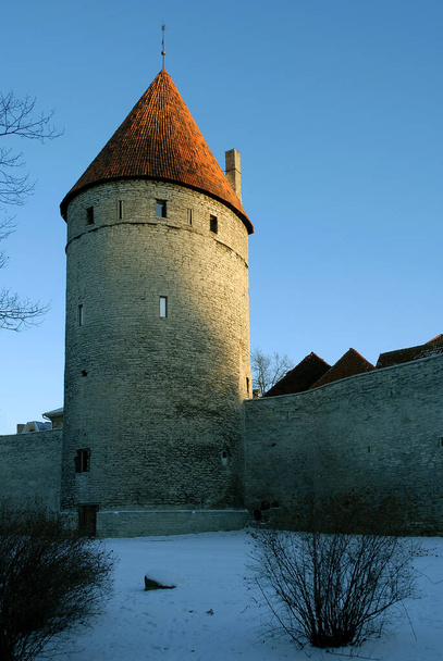 A defensive tower in the city wall of Tallinn, Estonia. Winter scene with the low sun casting long shadows. The city wall protects the medieval Tallinn Old Town. - Zdjęcie, obraz