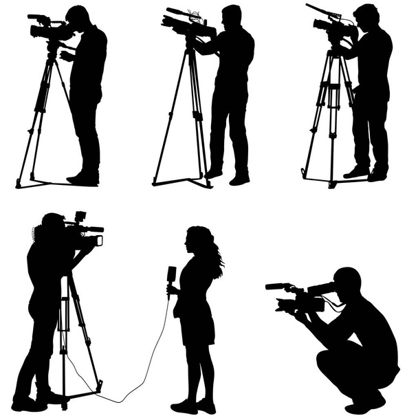 Set cameraman with video camera. Silhouettes on white background. - Vector, Image