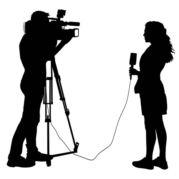 Silhouette χειριστή αφαιρεί δημοσιογράφος με μικρόφωνο σε λευκό φόντο. - Διάνυσμα, εικόνα