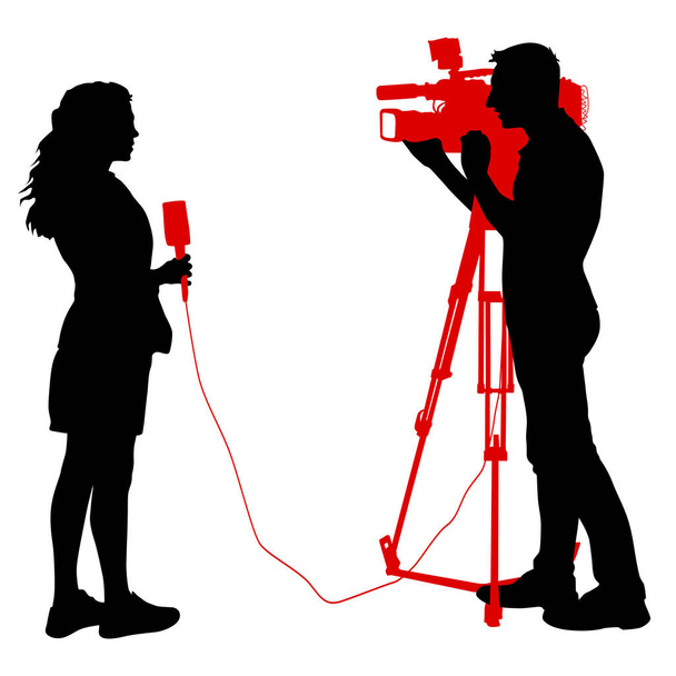 Operador de silhueta remove jornalista com microfone em um fundo branco
. - Vetor, Imagem