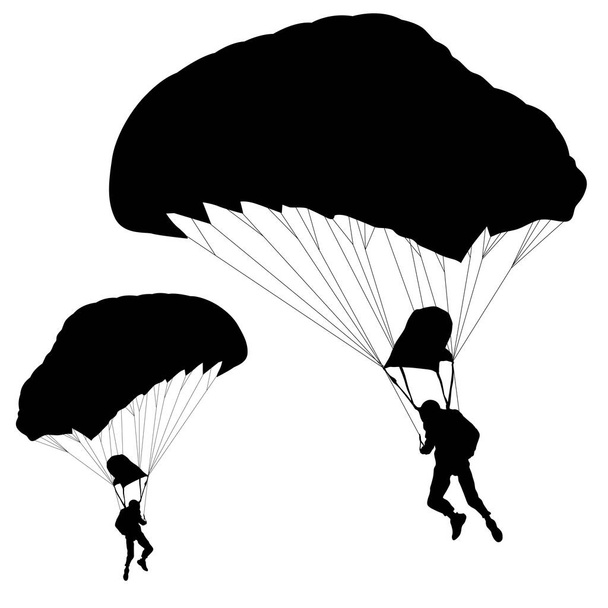 Skydiver, silhouette paracadutate su sfondo bianco. - Vettoriali, immagini
