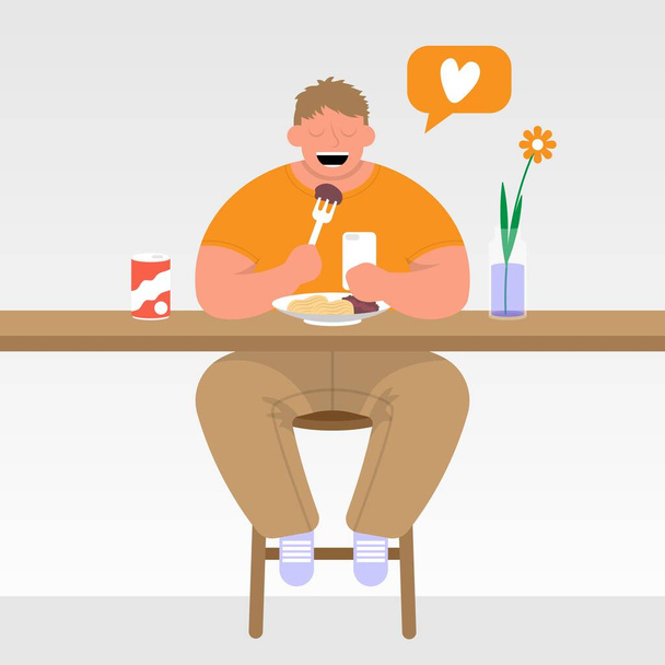 El hombre de la mesa del café mira el teléfono y come. Ilustración plana vectorial para póster, menú, folleto, web e icono - Vector, imagen