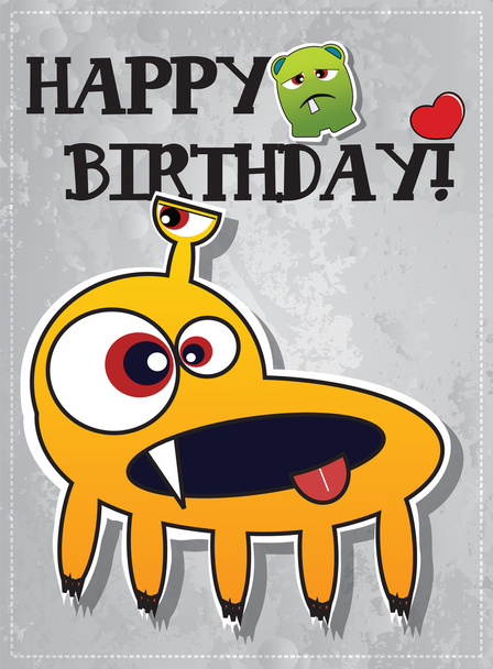 Happy birthday card with cute cartoon monster, cupcake and heart, vector - Vector, Image