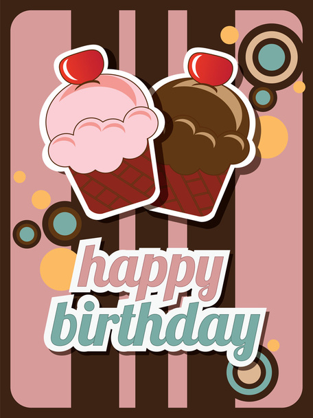 Happy birthday cup cake card, vintage retro, vector - Vettoriali, immagini