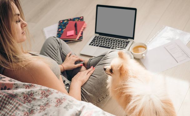 Beautiful woman works from home. The dog helps her. Pomeranian spitz sits nearby. The concept of working from home. Concept Love Care, Comfort and Companionship. WFH - Zdjęcie, obraz