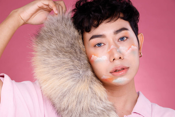 Half Body Portrait of 20s Asian man black hair pastel sweet dress. Gay wear fashion style and poses over pink Background isolated - Φωτογραφία, εικόνα