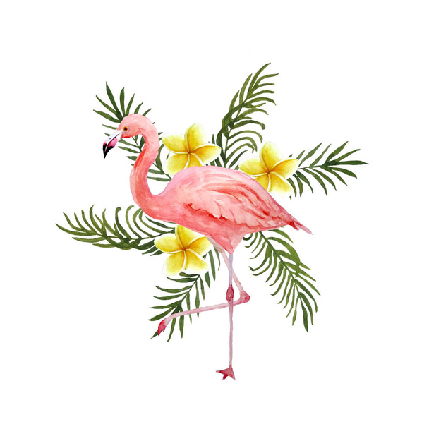 Watercolor hand drawn illustration with pink flamingo bird and tropical green palm leaves plumeria frangipani flowers on background. Summer vacation holiday concept. Print for card invitation t-shirt - Photo, Image