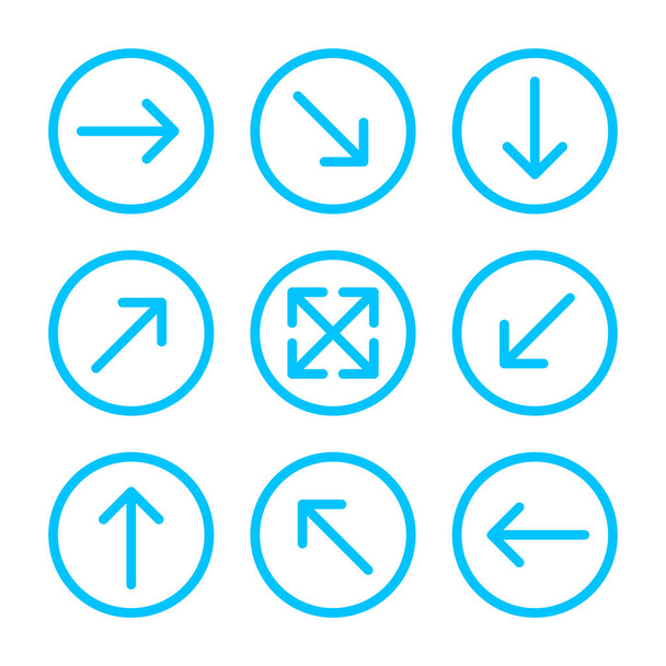 方向矢印ポインタのための矢印ライン円セット、円形ストロークの矢印青、矢印ボタンシンプルなグラフィック、 UIアプリのための円の矢印シンボル、ボタンインターフェイスのための円の矢印シンボル - ベクター画像