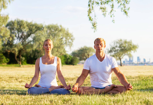 Fit man and beautiful woman practicing yoga outdoor on the grass. Sea and sky on the background. Stretching exercise in the sunset. Sport, fitness, health care and lifestyle concepts. - Photo, Image