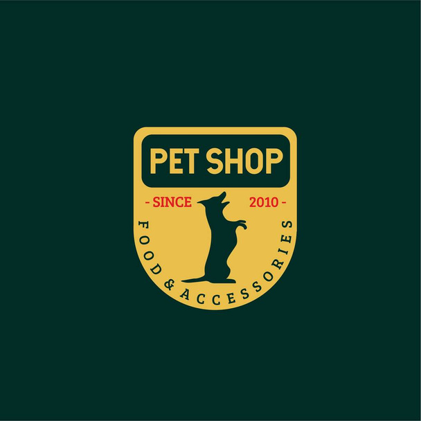 Векторні ілюстрації стоячого силуету собаки в жовтій овальній рамці ізольовані на темному фоні ідеально підходить для зоомагазину їжі та аксесуарів бізнес логотипу
 - Вектор, зображення