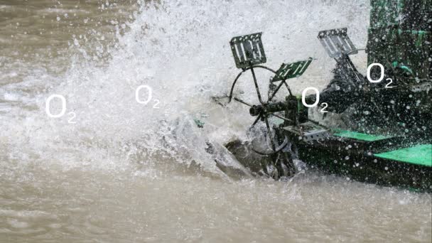 Roda de turbina aeradora para adicionar oxigênio às fontes de água com símbolo de oxigênio. Adicionar oxigénio à água
. - Filmagem, Vídeo