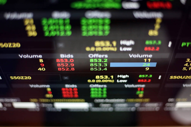 Bolsa de Valores, Streaming Trade Screen, La pantalla de stock muestra una lista de acciones con valor reducido. - Foto, Imagen