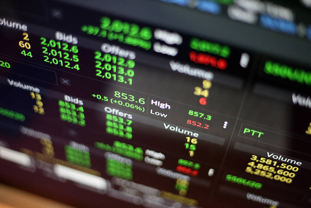 Börse, Streaming Trade Screen, Der Aktienbildschirm zeigt eine Liste von Aktien mit reduziertem Wert. - Foto, Bild