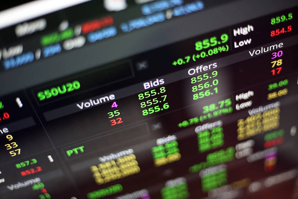 Фондова біржа, екран потокової торгівлі, екран фондового ринку показує список акцій зі зменшеною вартістю
. - Фото, зображення
