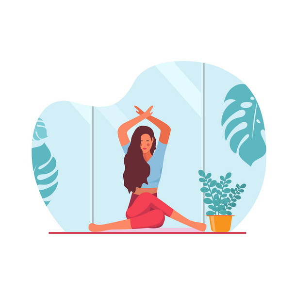 Een vrouw die mediteert in de natuur. Concept illustratie voor yoga, meditatie, ontspanning, recreatie, gezonde levensstijl. Vector illustratie in platte cartoon stijl. - Vector, afbeelding