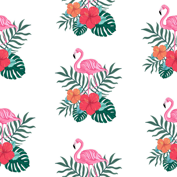 Piękny bezszwowy wektorowy wzór tropikalny z kwiatem Hibiskusa, ptakiem flaminga, liśćmi palmy i liśćmi monstera na białym tle. Streszczenie tropikalnej tekstury letniej - Wektor, obraz