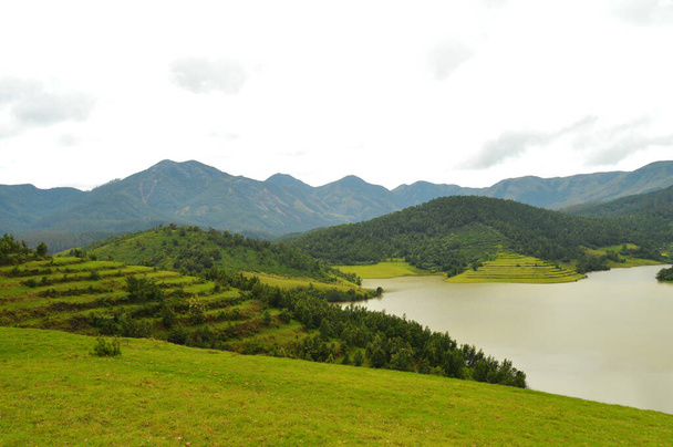 piękna zielona dolina ze szmaragdowym jeziorem i górami Nilgiris widocznymi w oddali. Dolina obejmuje herbaciane osady, wioski, lasy i niektóre różne rośliny, takie jak marchewki są również wykonywane tutaj. Jezioro jest ważnym turystycznie - Zdjęcie, obraz