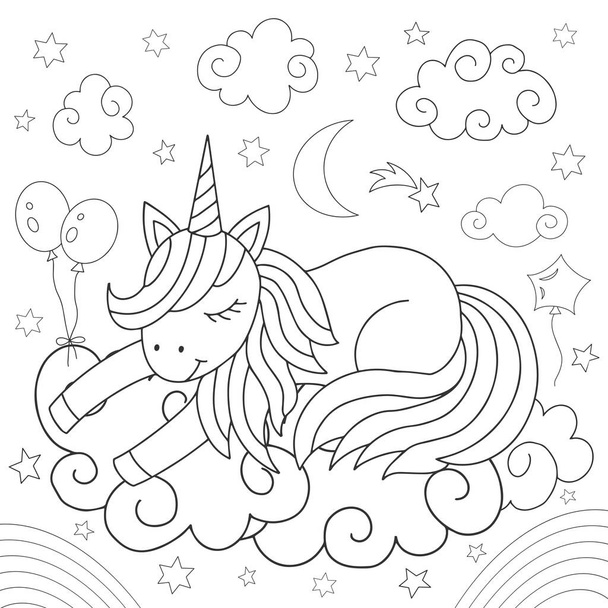 Cartoon unicorn on a cloud. Coloring for children. Vector illustration. - Vektör, Görsel