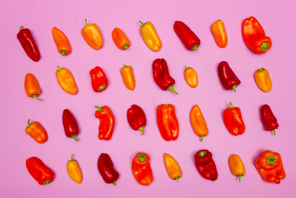 Red, orange and yellow bell peppers are lined on a pink background. - Φωτογραφία, εικόνα