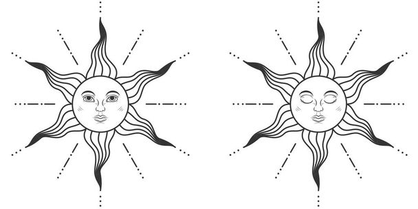 Paar Sonnen mit offenen und geschlossenen Augen im mittelalterlichen Stil isoliert auf weißem Hintergrund. Vektorillustration - Vektor, Bild