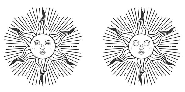 Para słońc z otwartymi i zamkniętymi oczami w średniowiecznym stylu odizolowanych na białym tle. Ilustracja wektora - Wektor, obraz