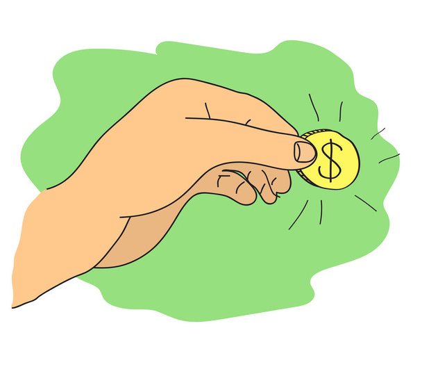Moneda en mano sobre un fondo verde. Dibujos animados. Ilustración vectorial. - Vector, Imagen