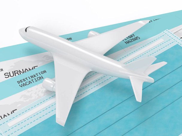 3d render of plane with tickets and a protective mask. Travel after covid-19 concept. - Fotografie, Obrázek