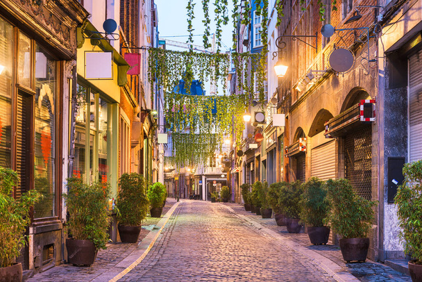 Bruksela, Belgia osobliwa scena uliczna o świcie. - Zdjęcie, obraz