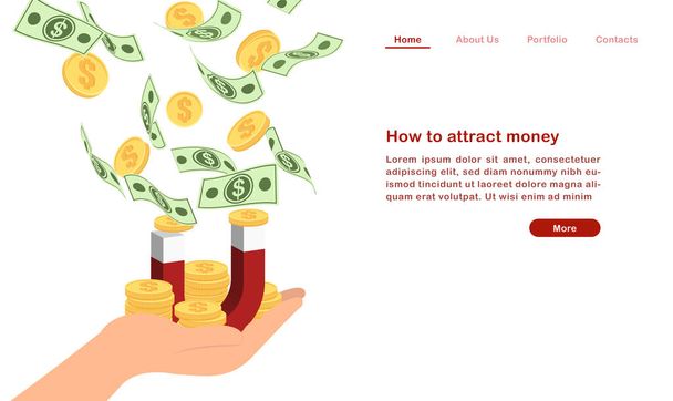 Website landing page template cartoon hoe om geld concept finanaciale munt wetsvoorstel gouden munt en magneet aan te trekken - Vector, afbeelding