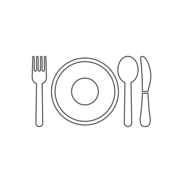 Значок с тарелкой, ложкой, вилкой и ножом. Символ ресторана современный, простой, векторный, значок для дизайна сайта, мобильного приложения, ui. Векторная миграция - Вектор,изображение