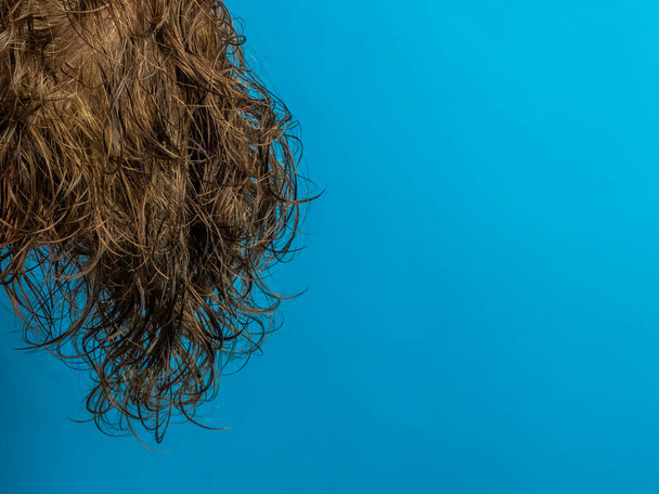 Υγρά μαλλιά σε μπλε φόντο με αντίγραφο χώρου - Φωτογραφία, εικόνα