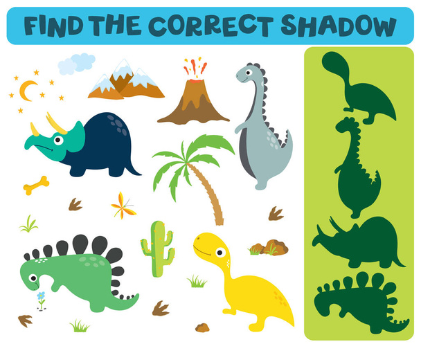 Find the correct shadow: Adorable dinosaurs isolated on white background. Dinosaur footprint, Volcano, Palm tree, Stones, Bone, Grass, Butterfly and Cactus - Διάνυσμα, εικόνα