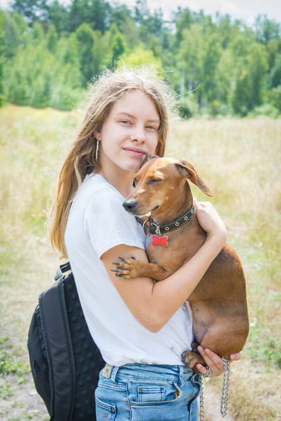 In summer, on a field on a bright sunny day, a girl walks with her dachshund dog. They are happy. - Fotografie, Obrázek