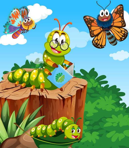 Butterflies and worm reading book are living in the garden scene at daytime illustration - Vector, Image