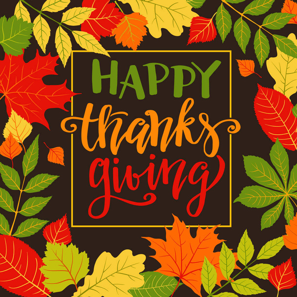 Happy Thanksgiving, autumn holyday background, fall hand written lettering, vector illustration. - Vetor, Imagem