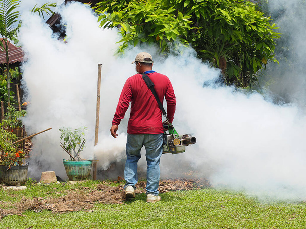 Młody człowiek pracuje nad mgłą, by wyeliminować komary. - Zdjęcie, obraz