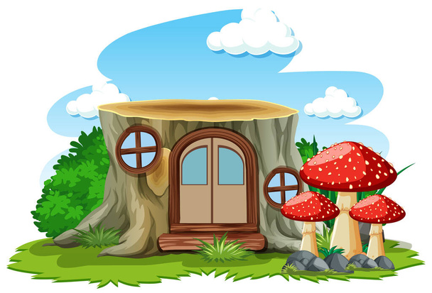 Stump house with mushroom in cartoon style on white background illustration - Vector, Image