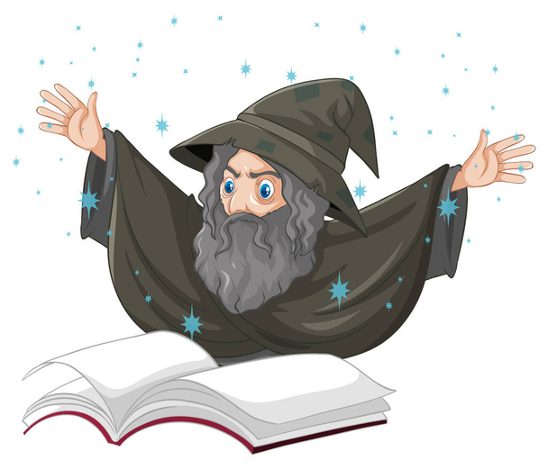 Vecchio mago con incantesimo e libro stile cartone animato isolato su sfondo bianco illustrazione - Vettoriali, immagini