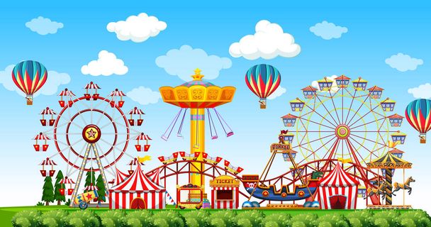 Escena del parque de atracciones durante el día con globos en el cielo ilustración - Vector, Imagen