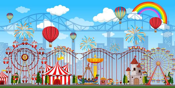 Scène de parc d'attractions de jour avec arc-en-ciel et ballons dans le ciel illustration - Vecteur, image