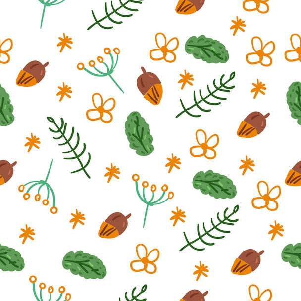 Nuts and leaves on the hand drawn background with hearts and doodle: modern seamless pattern in pastel palette. - Vecteur, image