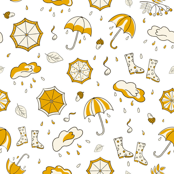 Seamless pattern with yellow autumn items umbrella, cloud with rain, rubber boots. - Vector, afbeelding