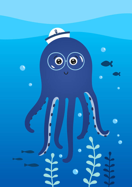 Cute little octopus with glasses. Poster for baby room. Childish print for nursery. Design can be used for greeting card, invitation, baby shower. Vector illustration. - Διάνυσμα, εικόνα