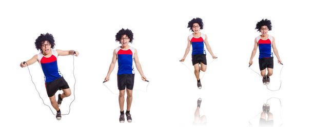 Guy jumps with skipping rope isolated on white - Photo, Image