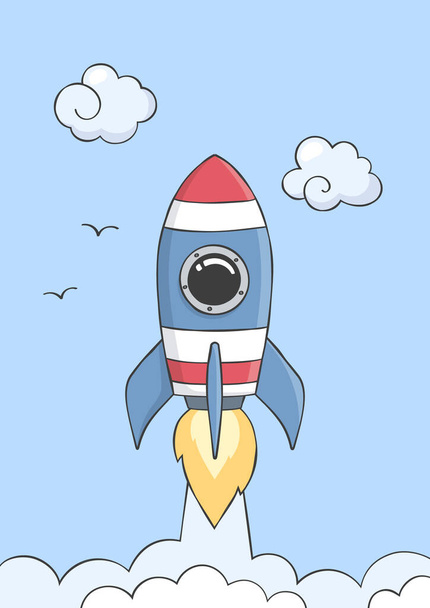Space rocket flying in space with planets and stars. Poster for baby room. Childish print for nursery. Vector illustration. - Διάνυσμα, εικόνα