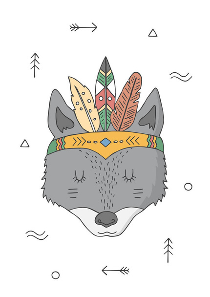 Wolf in a headdress of indians. Cartoon character. Poster for baby room. Childish print for nursery. Design can be used for kids apparel, greeting card, invitation, baby shower. Vector illustration. - Vettoriali, immagini