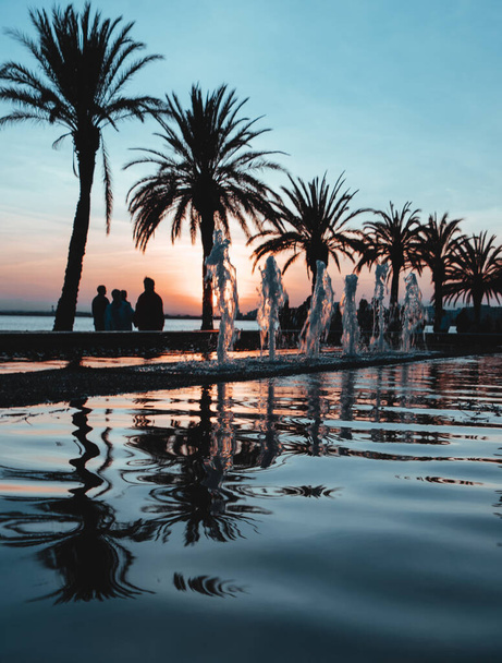 A beautiful shot of a fountain with a reflection of palms on it in the evening - Φωτογραφία, εικόνα