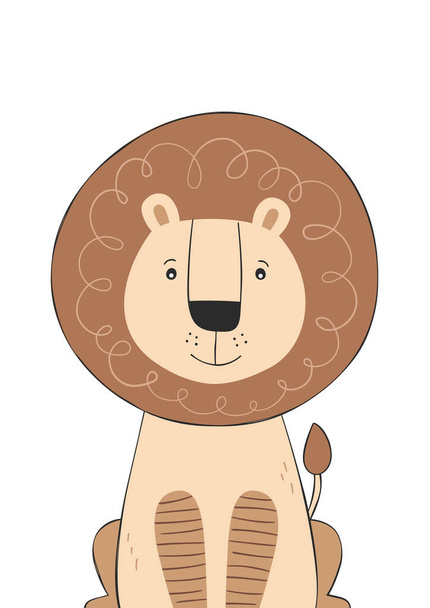 Lion cute doodle hand drawn cartoon character. Poster for baby room. Childish print for nursery. Design can be used for kids apparel, greeting card, invitation, baby shower. Vector illustration. - Vettoriali, immagini