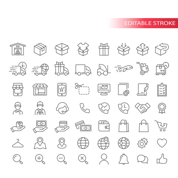 E-commerce thin line vector icon set. Online shopping, e commerce symbols. Store, delivery truck, courier outline icons, editable stroke. - Vector, Image
