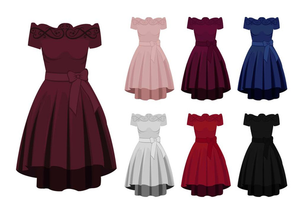 Ilustración vectorial de vestido gráfico para fiesta con borde y siete opciones de color diferentes y encantadoras - Vector, imagen
